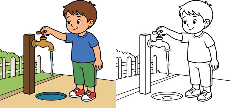 child turning off a running water tap family boy girl father mother learning community problem solver cartoon clipart lin eart print vector illustration school student children kids coloring book