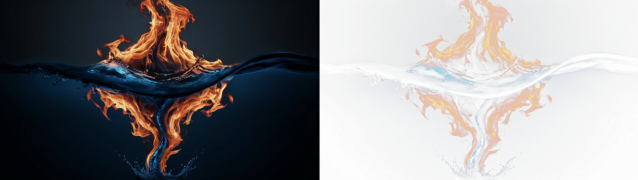 Abstract composition of fire and water elements colliding, creating a dramatic contrast between hot flames and cool liquid waves, artistic conceptual design isolated on transparent background
