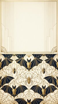 Art Deco Halloween vertical banner with geometric bats and spiders. Elegant vintage 1920s style pattern with large copy space for messaging.