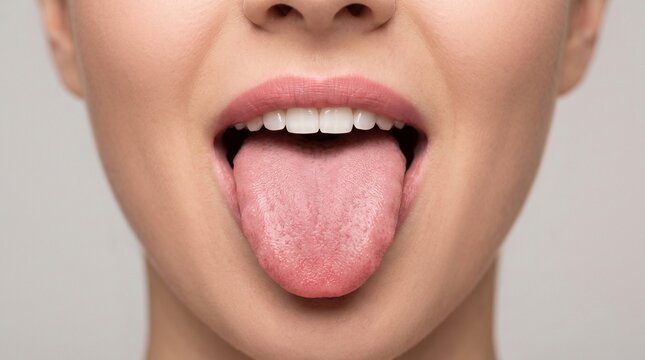 Ultra-realistic macro close-up of a young woman opening her mouth and extending a healthy pink tongue toward the camera, natural tongue texture clearly visible, clean white teeth, soft pink lipstick, 