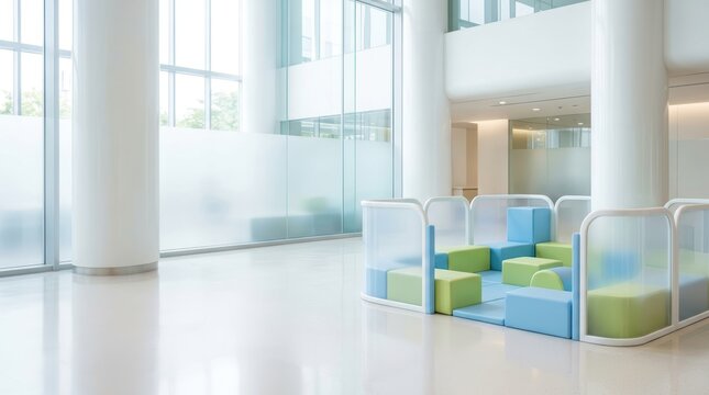 Modern Childcare Play Area in Bright Minimalist Atrium with Copy Space, Y2K Corporate Aesthetic, Modular Soft Blocks and Glass Partitions