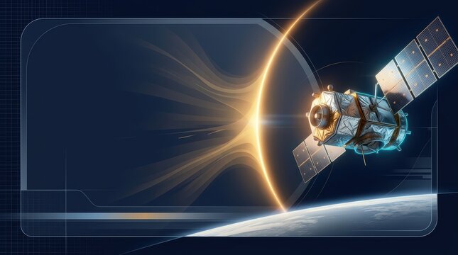 Retro Y2K satellite orbiting Earth during solar storm, minimalist space defense banner with large copy space for technology and science messaging.