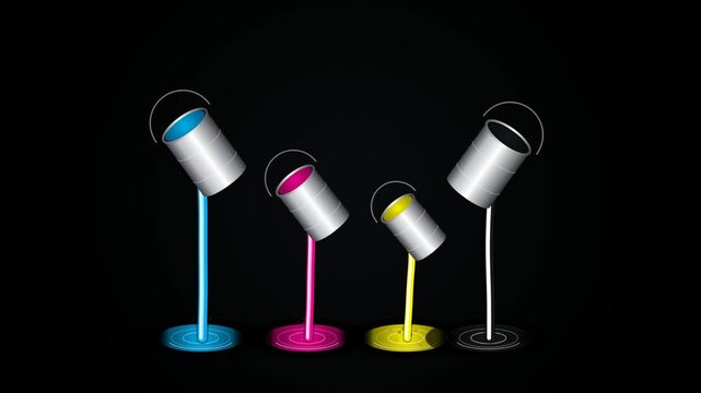 Four metal paint cans pouring cyan magenta yellow and black ink colors on a dark black background representing the cmyk printing process concept illustration 4k Motion Video