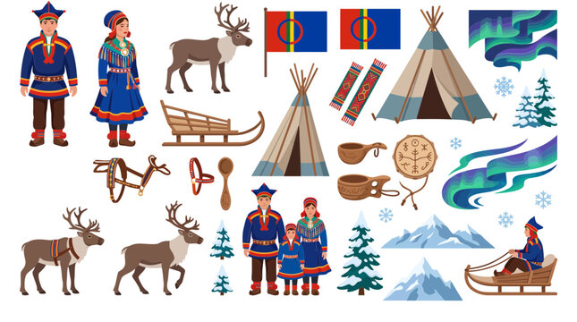 Sami culture and Lapland traditional elements set with reindeer and northern lights