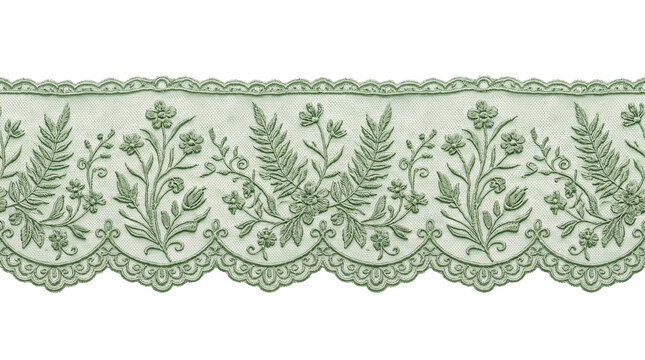 Vintage sage green lace border, elegant floral embroidery trim, botanical fern and flower lace ribbon for wedding stationery