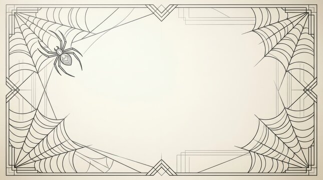 Art Deco Vintage Spider Web Corner Border Frame with Large Copy Space, Minimalist 1920s Halloween Invitation Background on Aged Ivory Paper