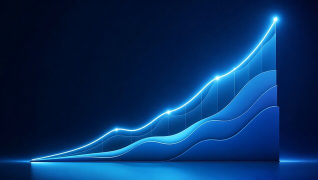 Glowing Financial Growth Trend Line Chart with Rising Blue Curved Layers for Business Success and Market Analytics Concept