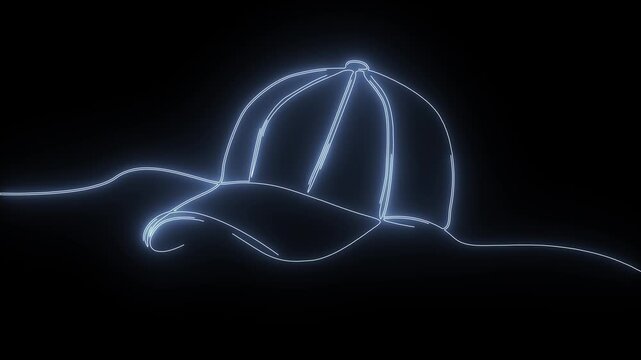 Glowing blue neon continuous line art animation of a classic baseball cap sports hat