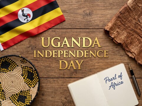 Uganda independence day text with national flag woven basket and open notebook on a rustic wooden table surface