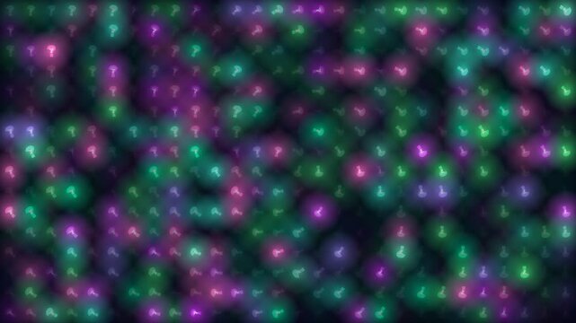 Abstract background with glowing green and purple bokeh lights and small question mark symbols
