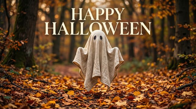 White sheet ghost floating in an autumn forest with fallen orange leaves and the text happy halloween written in large beige letters above the spectral figure