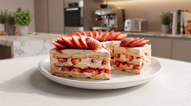Pav&ecirc; de Morango Layered Strawberry Brazilian Dessert Slices on White Plate