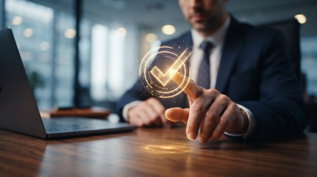 Verified Success: A focused businessman in a sharp suit interacts with a digital checkmark, symbolizing confirmation and a job well done, set in a modern office environment.