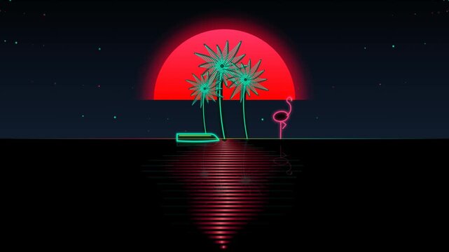 Neon palm trees and a flamingo with a glowing red sun reflection on water in a retro synthwave style landscape for a cool digital art background design 4k Motion Video