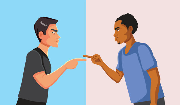 Two Men Arguing And Pointing Fingers At Each Other Vector Illustration. Angry guys blaming each other during a fierce conflict conflict