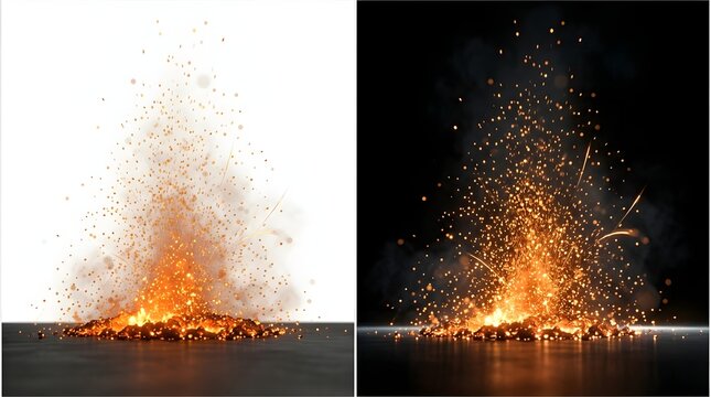 Bright orange fire sparks erupting from a dark surface against white and black backgrounds