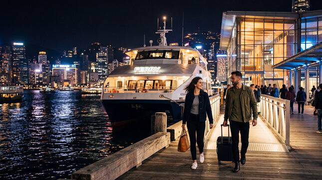 Stylish couple boarding a night ferry in harbor