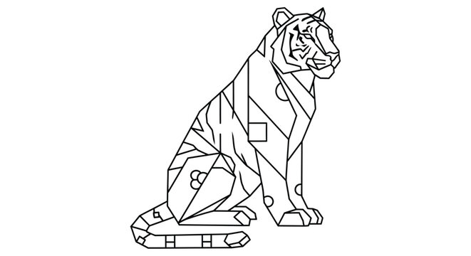 Geometric tiger illustration features angular lines and a white background