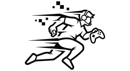 Fototapeta premium Silhouette of a running gamer with controller and pixelated trail on white background