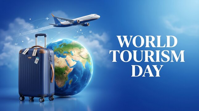 World tourism day concept with a blue suitcase, a globe showing the earth, and a passenger airplane flying in the sky, representing global travel, vacation, and international tourism