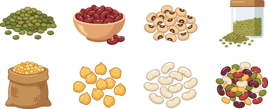 Colorful flat vector icons set of various healthy legume seeds, beans, lentils, and chickpeas