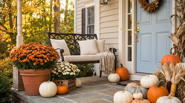Festive thanksgiving porch with pumpkins mums and fall decor for seasonal greetings and celebrations