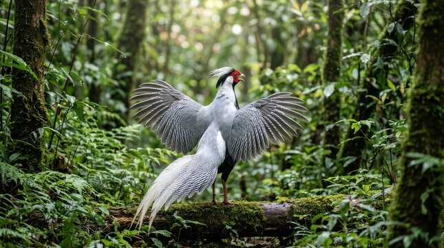 male silver pheasant displaying wings inside green forest habitat