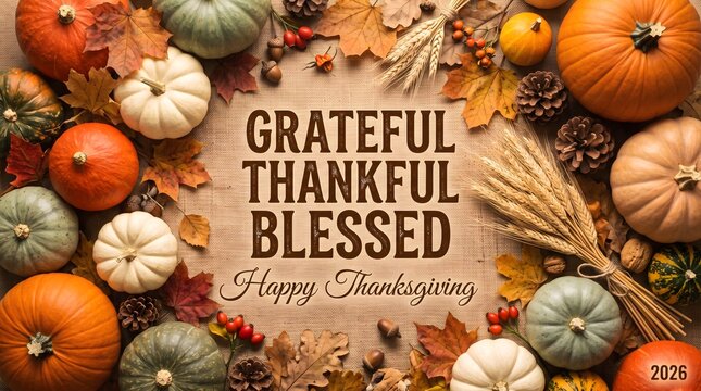 Abundant autumn harvest of pumpkins wheat and berries with grateful thanksgiving typography on burlap texture