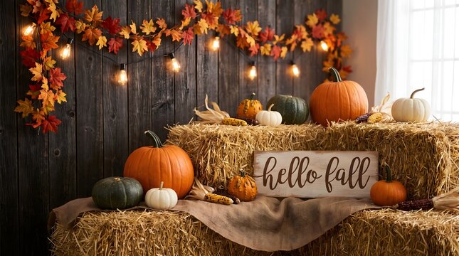 Festive thanksgiving scene with pumpkins autumn leaves and a hello fall sign on hay bales