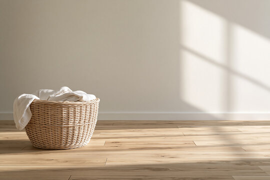 A single wicker laundry basket with folded white cloths on a wooden floor, with direct afternoon sunlight casting dramatic shadow patterns across the scene.
