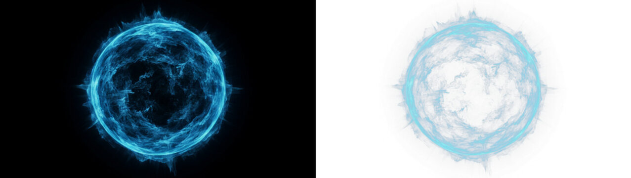 Abstract glowing blue energy sphere with plasma particles and light rays, futuristic magical orb isolated on transparent background