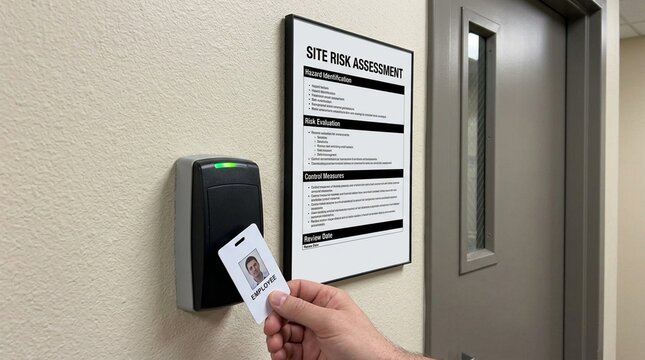 Key card badge reader mounted beside a risk assessment office door, secure workplace access concept