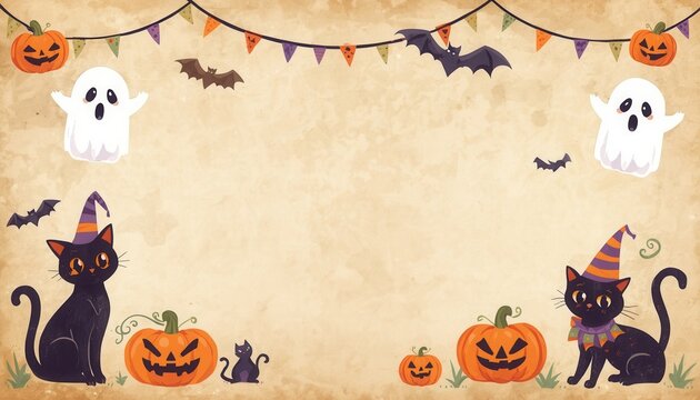 Halloween Spooktacular: A whimsical Halloween border featuring playful ghosts, grinning pumpkins, mischievous black cats in witch hats.