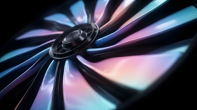 Close up of iridescent computer cooling fan blades spinning against a dark background