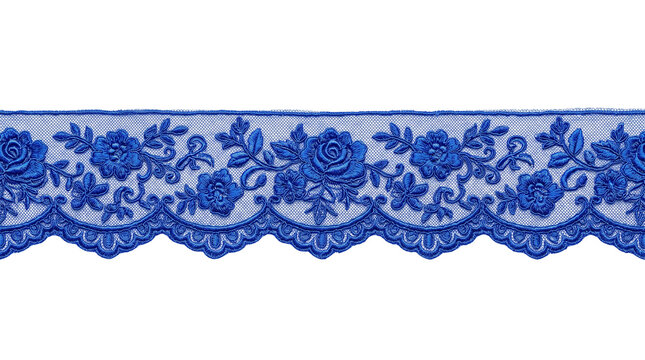 Vintage blue floral lace trim, elegant rose embroidery ribbon, decorative scalloped fabric border for sewing and crafts isolated PNG with Transparent Background