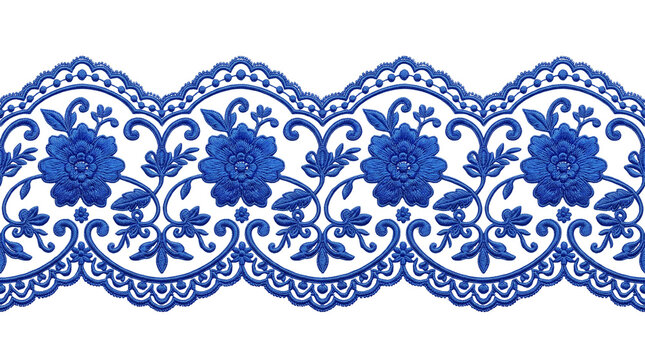 Vintage blue lace border with floral embroidery, elegant scalloped lace trim, decorative cobalt flower pattern for textile design isolated PNG with Transparent Background