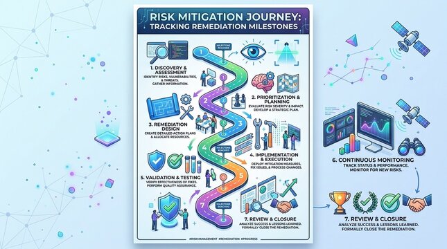 Risk mitigation timeline poster tracking remediation milestones, insurance project management concept
