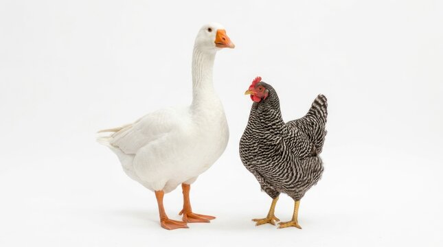 domestic goose and chicken standing side by side on white