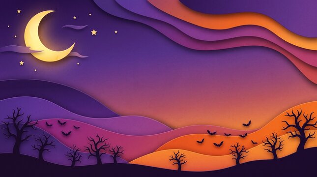 Halloween paper cut background with crescent moon bats and spooky trees in purple landscape