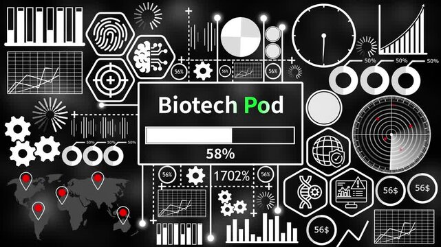 biotech bod set with futuristic HUD interface elements and abstract infographic charts on dark background 4k video