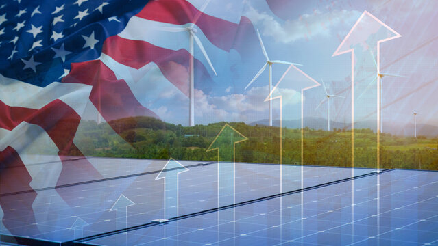 Strong market momentum in the United States renewable energy and green technology sector. Waving United States flag overlaying solar panels and wind turbines with rising charts and economic data