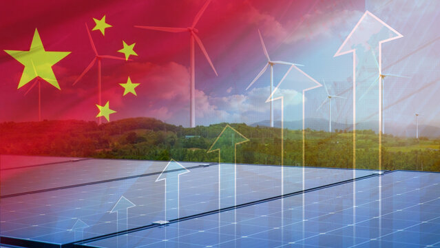 Strong market momentum in the China renewable energy and green technology sector. Waving China flag overlaying solar panels and wind turbines with rising charts and economic data indicators. 