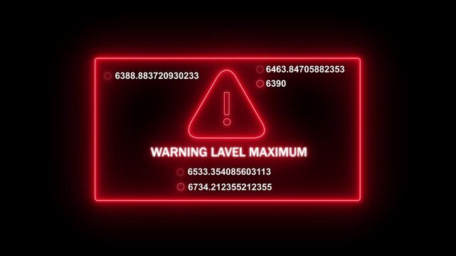 Dynamic red neon warning level maximum digital alert interface with rapidly changing numerical data streams and glowing hazard symbol for futuristic cyberpunk technology and cybersecurity motion