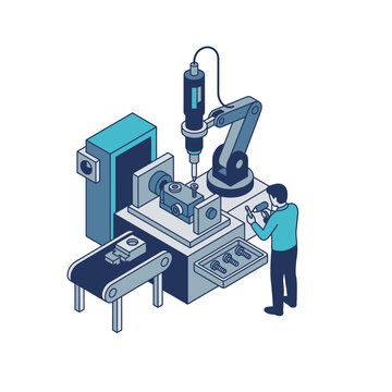 Elegant Isometric of CNC Machining Process with Robot Arm and Worker Supervising Precision Manufacturing