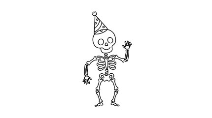 Obraz premium Happy Skeleton Wearing Party Hat Waving Isolated Transparent Background