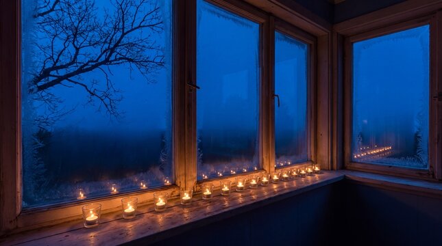 Row of glass votive candles on a window sill at winter dusk with frosted glass