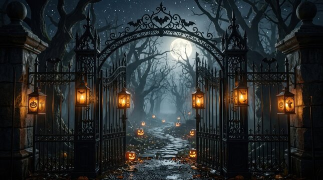 mysterious moonlit frame with black iron gates and halloween lanterns