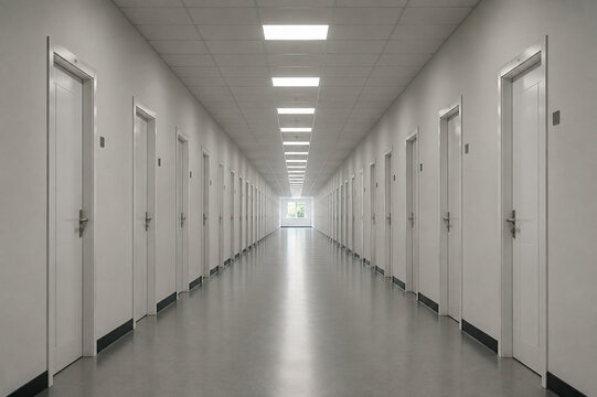 Empty corridor with closed white doors receding toward a bright window