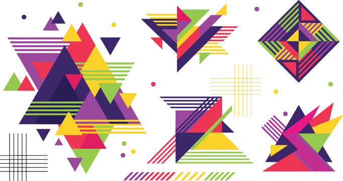 Abstract Colorful Memphis Geometric Shape Vector Set with Flat Triangles Striped Patterns and Retro 80s Style Graphic Design Overlay Elements