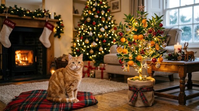 festive christmas mandarin tree decorated with ginger cat sitting nearby